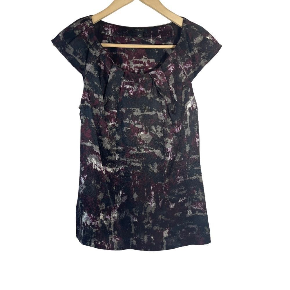 Ann Taylor Black/Maroon/Grey Print Cap Sleeve Silk Top‎ Sz S